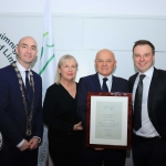 Cllr Daniel Butler, Mayor of the Metropolitan District of Limerick, Michael McNamara, RTE DJ,  Mary McNamara and Conor McNamara, sports commentator, pictured at the Mayoral Reception for Michael McNamara, RTE DJ,  and Len Dineen, rugby commentator, for their contribution to Irish radio, in the Council Chambers. Picture: Conor Owens/ilovelimerick.