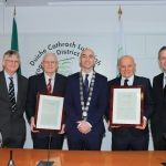 Leonard Burke, Lee Dineen, rugby commentator, Cllr Daniel Burke,  Mayor of the Metropolitan District of Limerick, Michael McNamara, RTE DJ, and Will Leahy pictured at the Mayoral Reception for Michael Mcnamara, and Len Dineen, for their contribution to Irish radio, in the Council Chambers. Picture: Conor Owens/ilovelimerick.