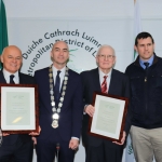 Michael Mcnamara, RTE DJ, Cllr Daniel Butler, Mayor of the Metropolitan District of Limerick,  Lee Dineen, rugby commentator, and Cllr Frank Daly pictured at the Mayoral Reception for Michael McNamara,  and Len Dineen, for their contribution to Irish radio, in the Council Chambers. Picture: Conor Owens/ilovelimerick.