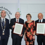 Pictured at the Mayoral Reception for Michael McNamara, RTE DJ,  and Len Dineen, rugby commentator, for their contribution to Irish radio, in the Council Chambers. Picture: Conor Owens/ilovelimerick.