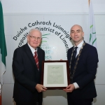 Len Dineen, rugby commentator, and Cllr Daniel Butler, Mayor of the Metropolitan District of Limerick, pictured at the Mayoral Reception for Michael McNamara  and Len Dineen for their contribution to Irish radio, in the Council Chambers. Picture: Conor Owens/ilovelimerick.