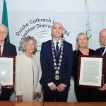 Len Dineen, rugby commentator, Kay Dineen, Cllr Daniel Butler, Mayor of the Metropolitan District of Limerick, Mary McNamara and Michael McNamara, pictured at the Mayoral Reception for Michael Mcnamara, RTE DJ,  and Len Dineen, rugby commentator, for their contribution to Irish radio, in the Council Chambers. Picture: Conor Owens/ilovelimerick.