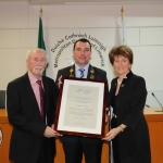 Cllr James Collins, Mayor of Limerick City and Council, Geraldine and Paddy Brennan at the Mayoral Reception for Paddy Brennan's new book 'The History of Limerick Music from 1800 - 2018' in the Council Chambers. Picture: Conor Owens/ilovelimerick.