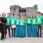 Sinestro the Jester, Mikey Casey and Jared Nadin with Castletroy College students at King John's Castle, Nial O'Callaghan Managing Director of Shanon Heritage, Commandant Martin McGrath and Siobhan Everard at the Pay It Forward Limerick event at King Johns Castle on May 15 2018. Picture: Zoe Conway/ilovelimerick.