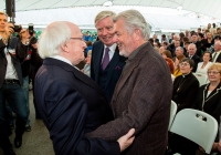 29.09.14         NO REPRO FEE
President of Ireland, Michael D Higgins has become the first recipient of the honour of Freedom of Limerick following a ceremony in Limerick city this afternoon (Monday).

President Higgins received the honour in front of almost 1000 members of the public in Limerickâs open air Milk Market.
Limerick City and County Council Chief Executive Conn Murray read aloud the text of the Scroll of Freedom before Cathaoirleach, Cllr Kevin Sheahan presented the ceremonial document to President Higgins. 
President of Ireland, Michael D. Higgins talks with Pat Cox, Chairman, Limerick City of Culture and composer Bill Whelan after being conferred with the Freedom of Limerick. Picture: Alan Place/FusionShooters.