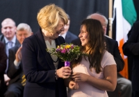 29.09.14         NO REPRO FEE
President of Ireland, Michael D Higgins, has become the first recipient of the honour of Freedom of Limerick following a ceremony in Limerick City this afternoon. Pictured is Sabina Higgins, wife of President Michael D Higgins, receiving a bouquet of flowers from Isobel Korucu, a 6th class student at Limerick School Project. Milk Market, Limerick. Picture credit: Diarmuid Greene / Fusionshooters