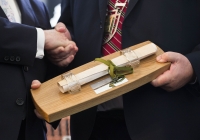 29.09.14         NO REPRO FEE
President of Ireland, Michael D Higgins, has become the first recipient of the honour of Freedom of Limerick following a ceremony in Limerick City this afternoon. Pictured is President Michael D Higgins, left, being presented with his scroll, which sits in a light oak casket crafted by local woodturner John Ryan from Ballyneety, Co. Limerick, by Councillor Kevin Sheahan, Cathaoirleach, Limerick City and CountyCouncil. Milk Market, Limerick. Picture credit: Diarmuid Greene / Fusionshooters