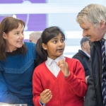 20/01/17 REPRO FREE Pictured at the 2017 RDS Primary Science Fair Limerick was Mary O'Leary and Realta Haque from Naas Community School, Kildare explaining their project, Can we create rainbows without rain to Willie O'Dea.. This year the Limerick Fair doubled capacity to 120 schools, in only its second year. In total, across three venues: Dublin, Limerick and Belfast, a total of 7,500 primary school students will participate at the Fair. This is the first year of the RDS Primary Science Fair Belfast. Photo: Sean Curtin True Media.