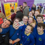 20/01/17 REPRO FREE Pictured at the 2017 RDS Primary Science Fair Limerick was Garda Michael Hennessy who photobombed St Ciaran Mixed NS, Tullamore, Offaly selfie. This year the Limerick Fair doubled capacity to 120 schools, in only its second year. In total, across three venues: Dublin, Limerick and Belfast, a total of 7,500 primary school students will participate at the Fair. This is the first year of the RDS Primary Science Fair Belfast. Photo: Sean Curtin True Media.