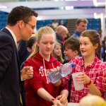 REPRO FREE 22/01/17 Pictured at the 2017 RDS Primary Science Fair Limerick was Minister for Sports and Tourism, Patrick O Donovan with Hollie Cosgrave and Aoife Purcell from Nicker NS, Pallasgrean, Co. Limerick. This year the Limerick Fair doubled capacity to 120 schools, in only its second year. In total, across three venues: Dublin, Limerick and Belfast, a total of 7,500 primary school students will participate at the Fair. This is the first year of the RDS Primary Science Fair Belfast. Picture Oisin McHugh True Media.