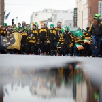 REPRO FREE 17/03/17 Young Munsters RFC at the annual St Patrick’s Day parade in Limerick. Limerick celebrated in style and colour as around 4,000 participants marched down the city’s main street (O’Connell Street) for the annual St Patrick’s Day parade. The inclement weather failed to dampen the spirits of the estimated 50,000 people who cheered and encouraged the almost 100 different community and theatre groups, companies, sports clubs and bands who entertained the spectators along the route. Fourteen-year-old Limerick Person of the Year and cyberbullying campaigner Luke Culhane led out the parade, which this year had as its theme Our Stories – this is where we belong. Picture Sean Curtin True Media.