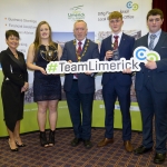 22/03/2018
Mary Killeen Fitzgerald, Senior Enterprise Development Officer with Limerick LEO and Councillor Stephen Keary, Mayor of Limerick City & County pictured with Eoienn Ferron, Breda Magner and Evan Condon from Desmond College, Newcastle West pictured with their exhibit "Cycle Safe 2000" at the Limerick Local Enterprise Office, Student Enterprise Programme Final Exhibition and Awards Presentation which took place at the Southcourt Hotel, Limerick.
Don Moloney / Press 22