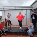A Tribute to Frontline Heroes organised by Una Heaton and broadcast live on Ilovelimerick's Facebook took place on the roof of the Limerick Strand Hotel to raise much needed donations for Pieta House. Pictured here are singer Emma Langford, soprano Sinead O Brien and MC Lorcan Murray (back) with organiser Una Heaton and Richard Lynch, ilovelimerick (front). To donate go to https://www.justgiving.com/fundraising/thankyouforpietahouse. Picture: ilovelimerick