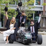 REPRO FREE
250826
Members of the UL Formula Student team: Eoin Byrne from Killenaule, Co. Tipperary,   Jack Haverty from Newmarket on Fergus, Co. Clare and Ciara Stratford from Lemybrien, Co. Waterford pictured on their graduation day at University of Limerick. 

The UL Formula Student team designed and manufactured an open-wheel formula racing car for their entry to the prestigious Formula Student UK competition held at Silverstone racetrack this summer. The car features a 600cc motorbike engine, custom steel chassis, suspension and drivetrain systems as well as carbon fibre bodywork. The team competed with universities from around the world on a range of design, cost and business plan events, achieving the highest rank among teams in the Midwest region of Ireland.

They joined more than 3,000 fellow students graduating this week as part of UL's autumn conferring ceremonies.