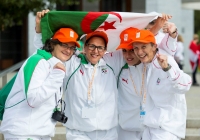 19/07/2015     REPRO FREE
The 36th World Medical and Health Games was officially opened by Minister Jan O’Sullivan at the University of Limerick on Sunday 19th July. The Games welcome over 1,000 athletes from more than 20 countries to compete across 25 different sports from golf and cycling to chess, fencing triathlon and football. This annual event brings medics from a range of medical professions, consultants, GP’s, nurses, paramedics who compete in a spirit of friendship in their chosen sport. 

Celebrating the opening Ceremony at the University of Limerick were Team Algeria, ASMGA athletes, Myriem Abada Bendib, Zoulikha Harkat, Karaoui Imane and Saida Younsi. Picture credit: Alan Place/Fusionshooters