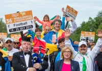 19/07/2015     REPRO FREE
The 36th World Medical and Health Games was officially opened by Minister Jan O’Sullivan at the University of Limerick on Sunday 19th July. The Games welcome over 1,000 athletes from more than 20 countries to compete across 25 different sports from golf and cycling to chess, fencing triathlon and football. This annual event brings medics from a range of medical professions, consultants, GP’s, nurses, paramedics who compete in a spirit of friendship in their chosen sport. 

 Ina Mircea aged 3 gets left from her faster Doru Mircea, of Team Romania as the teams make their way across the Living Bridge. Picture credit: Alan Place/Fusionshooters