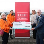 With Compliments.    Michael Collins, Mayor of the City and County of Limerick along with Clare Ellis, Corporate Brand and Communication Senior Manager Cook Medical EMEA with a cheque for €4,197 which they presented to Shirley Johnson and Elaine Leahy representing Limerick Suicide Watch.
Photograph Liam Burke/Press 22