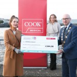 With Compliments.    Michael Collins, Mayor of the City and County of Limerick along with Clare Ellis, Corporate Brand and Communication Senior Manager Cook Medical EMEA presents a cheque for €344 to Una Burne representing NOVAS.
Photograph Liam Burke/Press 22